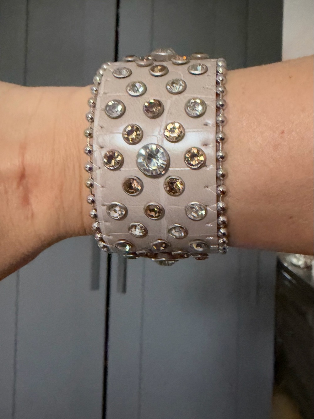 Wide Crystal-Studded Pink Leather Cuff Bracelet